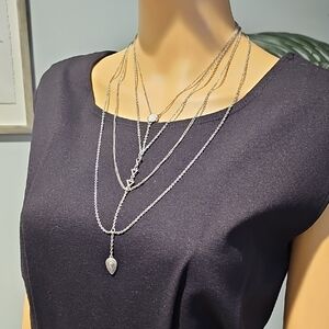 Layered Silver Multi-Chain Necklace - Elegant Teardrop Pendant